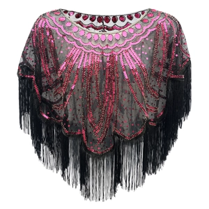 1920s vintage black mesh evening shawl with magenta sequins and long fringe trim
