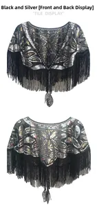 Front and back detail of a 1920s vintage sequined shawl with tassels and leaf patterns