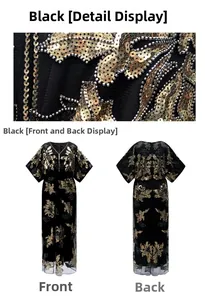 Detailed embroidery of gold sequins on an elegant black V-neck formal evening gown