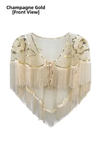 Détails de l'écharpe de soirée dorée champagne avec broderies pailletées et longues franges