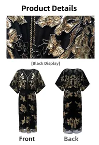 Detailed macro of sequins and front/back views of a vintage 1920s V-neck gala dress