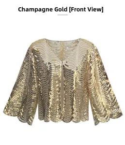 Detailed close-up of champagne gold sequin shawl with wave patterns for women