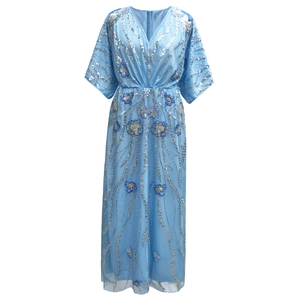 Elegant V-neck light blue maxi dress with silver floral sequins and beaded embroidery