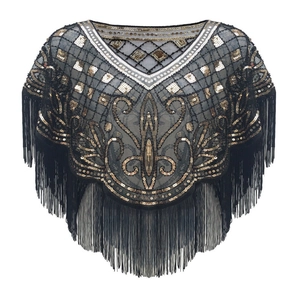 Detail of black mesh shawl featuring golden sequin embroidery and long tassel fringes