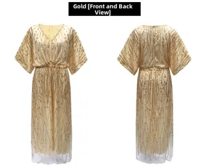 Detailed front and back views of a V-neck gold sequin evening gown with intricate beadwork