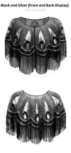 Detail view showing front and back of black vintage shawl with silver sequins and long fringe