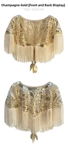 Champagne gold 1920s sequin fringe shawl showing front and back details on white background
