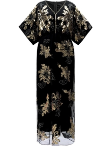 Detailed view of luxury V-neck gown with golden sequin floral embroidery and mesh hem