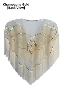Détail d'un châle à paillettes doré champagne avec franges et broderies pour les soirées