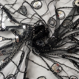 Detail of black mesh shawl with silver sequins and beadwork in radial patterns