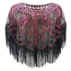Retro 1920s black mesh cape with pink sequins and fringe for evening party dresses