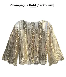 Detailed back view of champagne gold sequin shrug with wave pattern and wavy hemline