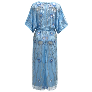 Detail of blue tulle evening dress featuring silver sequins and 3D floral embroidery