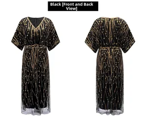 Detailed front and back views of a vintage evening dress with gold sequins and beads