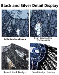 Close-up of 1920s vintage black and silver beaded sequins with fringe detail