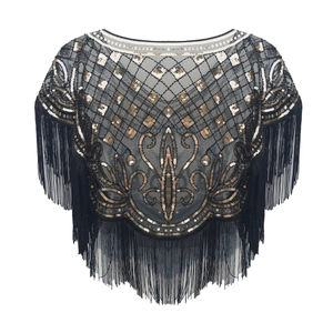 Detail of vintage black mesh shawl with gold sequins and fringe for evening parties
