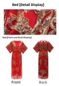 Detail of red V-neck evening gown with gold and silver sequin flower embroidery