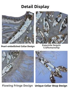 Detail view of 1920s vintage evening shawl with gold sequins, beads, and fringe trims