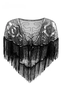 Détail de broderie rose à paillettes argentées et franges sur châle vintage noir
