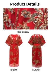 Detail of red mesh dress with gold sequins pattern and full-length V-neck gown views