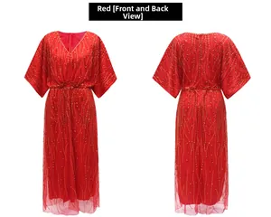Detailed front and back views of a vintage 1920s red dress with gold sequin embroidery