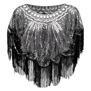 Detail of 1920s vintage black mesh cape with silver sequins and long fringe trim