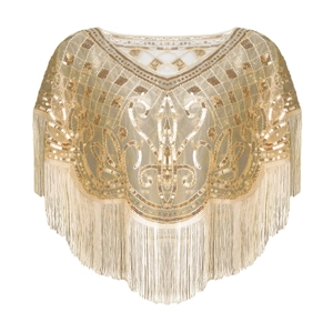 Vintage 1920s gold sequin shawl with elegant mesh embroidery and long fringe tassels