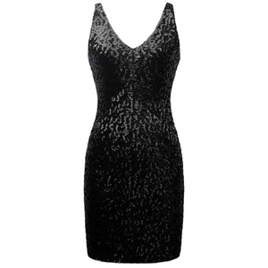Abito bodycon nero con paillettes scintillanti, scollo a V profondo e design mini senza maniche