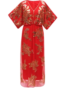 Detailed embroidery of gold floral sequins on elegant red V-neck evening gown