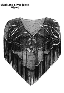 Détail du châle de soirée à paillettes noir et argent avec finitions à franges vintage