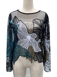 Women's black mesh long sleeve top with heavy beaded floral sequins and round neck