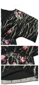 Detailed views of vintage 1920s dress with red and silver floral sequins on black mesh