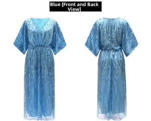 Front and back view of 1920s blue evening dress with heavy beadwork and sequins