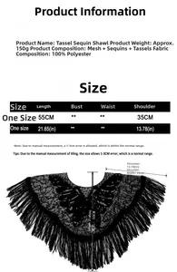 Größentabelle und Materialdetails für das schwarze Pailletten-Abend-Cape mit Schmetterling