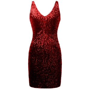 Abito da cocktail rosso con paillettes, scollo a V, senza maniche e aderente per eventi serali