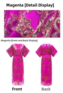 Detail of elegant rose red gown with intricate gold sequin floral embroidery and V-neckline