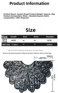 Size chart and specifications for vintage sequin shawl showing measurements and material