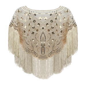 Detail of champagne gold sequin shawl with fringe tassels and geometric mesh patterns