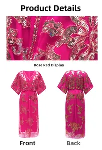 Detail of rose red dress with gold sequin embroidery, featuring V-neck and front back views
