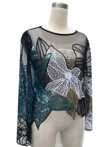 Elegant black mesh long sleeve top with intricate sequin embroidery and beadwork details