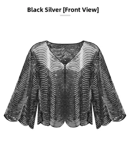 Detail of black silver sequin bolero jacket with wavy patterns and scalloped edges