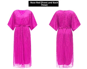 Rose red vintage evening gown with sequins and beads showing front and back views