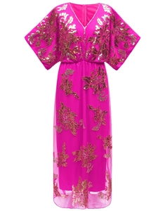 Detailed close-up of pink sequin floral embroidery and V-neckline mesh evening gown
