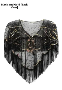Détail de la vue arrière d'un châle vintage à paillettes noir et or avec franges