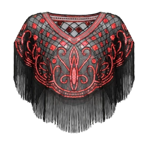 Close-up of vintage mesh shawl featuring intricate red sequins and long black tassels