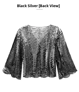 Detail of black silver wave sequin capelet showing the back view and flared sleeves