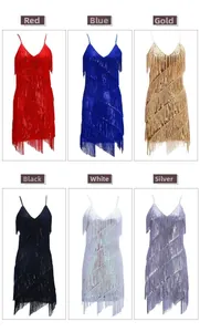 Detailed grid of sequined fringe latin dance dresses in red blue gold black white and silver