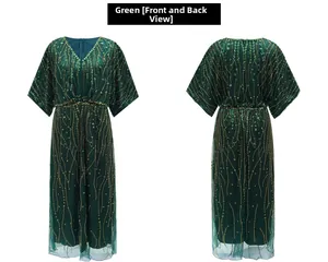 Detailed close-up of dark green V-neck evening gown with gold beaded vertical sequins