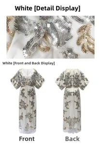 Detail view showing intricate sequin leaf embroidery on a luxury white V-neck evening gown