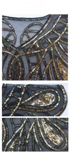 Dettaglio di paillettes dorate su tulle nero con motivi geometrici Art Déco